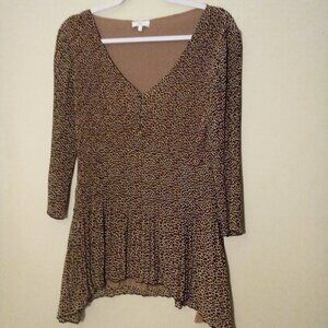 CC Blouse S 3/4 Sleeve Soft Stretch Ribbed Asymmetrical Animal Print Brown Black